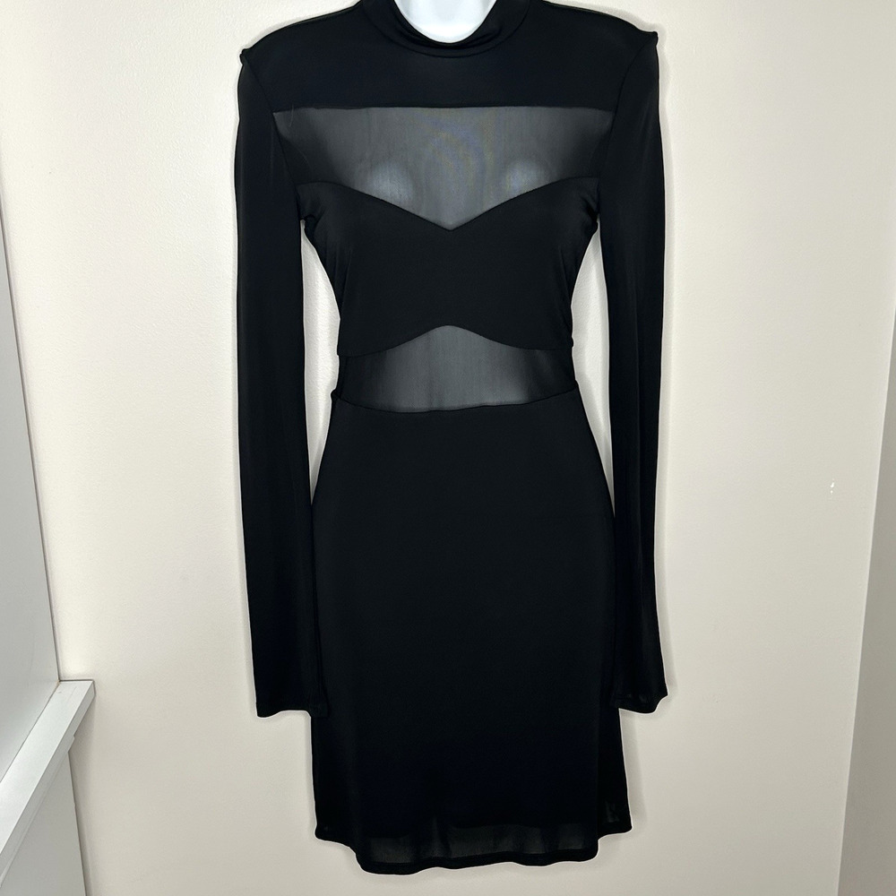 STAUD Falcon Mini Dress Black Size S Sheer Panels L/S Party Going Out Goth Sexy - Picture 4 of 14
